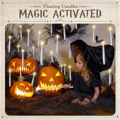 JOIONE Floating Candles with Wand, 12 Pack Halloween Flameless Candles Magic Hanging Taper Candles with Wand Remote, Battery Operated Candles for Halloween Christmas Birthday Party Decor White