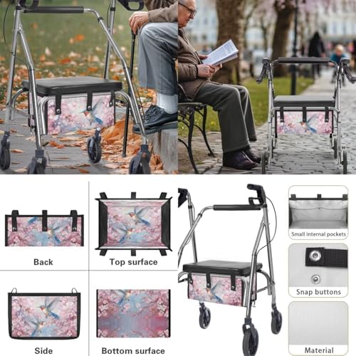 LedBack Mobility Scooter Accessories for 3 Pcs, Durable Rollator Walker Seat and Backrest Covers Cherry Blossom Hummingbirds Under Seat Rollator Walker Bag for Seniors