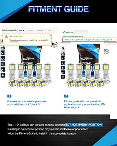 Marsauto 194 LED Bulb 6000K White 168 T10 2825 W5W 5SMD Replacement Bulbs for Car Dome Map Door Courtesy Side Marker Reading Glove Box License Plate Lights (Pack of 10)