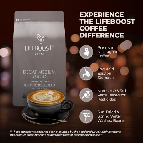 Lifeboost Coffee Medium Roast Swiss Water Decaf Coffee Ground - Low Acid Single Origin USDA Decaf Organic Coffee - Non-GMO Coffee Third Party Tested For Mycotoxins & Pesticides - 12 Ounces