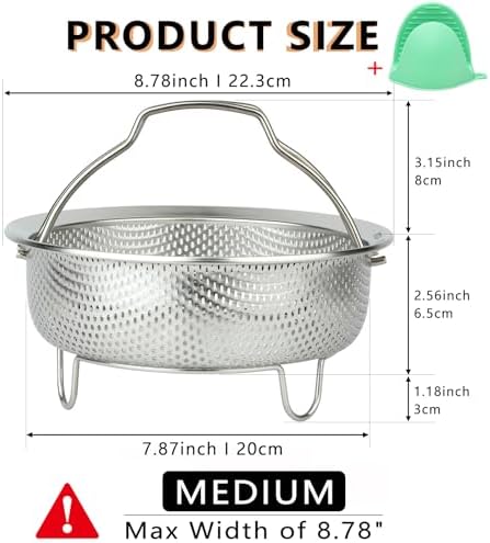 Stainless Steel Steamer Basket - Vegetable & Dumpling Steamer Insert for Pots, Instant Pot Accessories with Handles & Feet, Multi-Purpose Mesh Strainer for Cooking, Fruits (Silvery, Medium)