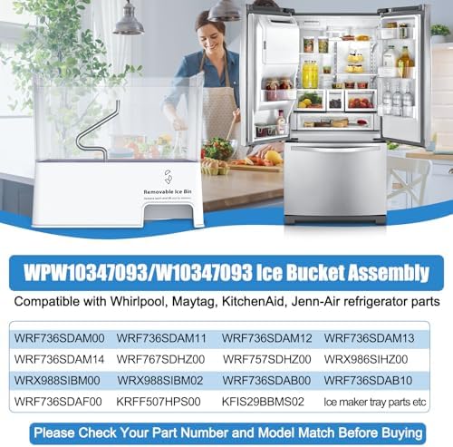 Upgraded WPW10347093 W10347093 W10347100 Ice Bucket Compatible with Whirlpool Maytag KitchenAid Refrigerator Ice Maker Replacement Parts WRF736 WRF757 WRF767 WRF989 KFIS29 KRFF507 Removable Ice Bin