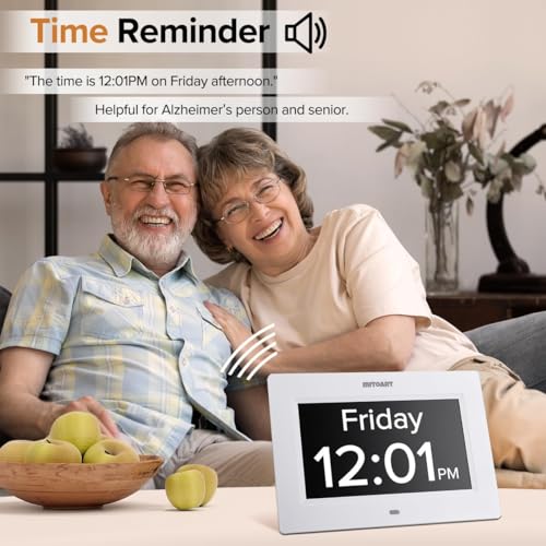 Mitoart Digital Calendar Day Alarm Clock, 7 Inches Dementia Clocks with 8 Alarms, Remote Control, and Push for Help Button, Gifts for Alzheimer, Elderly, Seniors or Impaired Vision(White).
