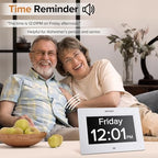 Mitoart Digital Calendar Day Alarm Clock, 7 Inches Dementia Clocks with 8 Alarms, Remote Control, and Push for Help Button, Gifts for Alzheimer, Elderly, Seniors or Impaired Vision(White).