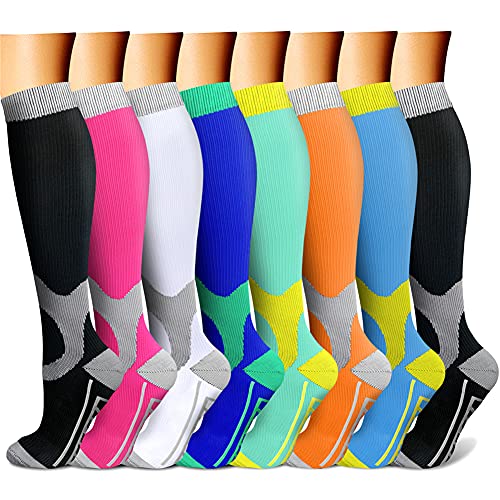 CHARMKING Compression Socks for Women & Men (8 Pairs) 15-20 mmHg Graduated Copper Support Socks are Best for Pregnant, Nurses - Boost Performance, Circulation, Knee High & Wide Calf (S/M, Multi 08)