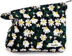 Makeup Bag Cosmetic bag Preppy Canvas Embroidery Toiletry Bag for women Cute zipper pouch Organizer Travel accessories (Little Daisy-Black, Large)