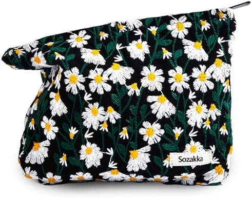 Makeup Bag Cosmetic bag Preppy Canvas Embroidery Toiletry Bag for women Cute zipper pouch Organizer Travel accessories (Little Daisy-Black, Large)