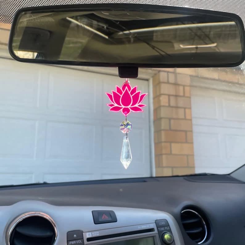 Pink Lotus Flower Car Charm, Auto Rear View Mirror Accessories, Rainbow Crystal Suncatcher, BOHO Minimalist Dainty Decor, New Car Gift For Her