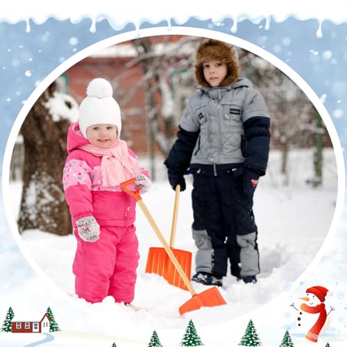 Gisafai 4 Pcs Winter Kids Snow Shovel Plastic Shovel Portable Shovel with D Grip Wooden Handle for Truck Camping Driveway Garage Snow Removal Accessory, 35 x 12 Inch