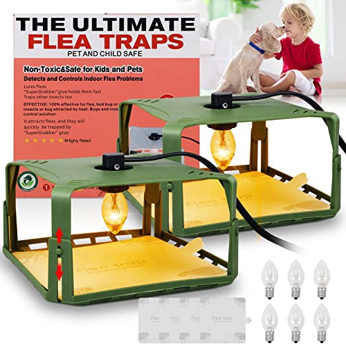 2 Pack Flea Traps for Inside Your Home with 4 Sticky Pads & 6 Bulbs & 2 Electric Wires, Flea Killer Indoor Bed Bug Trap Pest Control, Safe & Harmless, Friendly to Pets & Kids-Adjustable Height, Green
