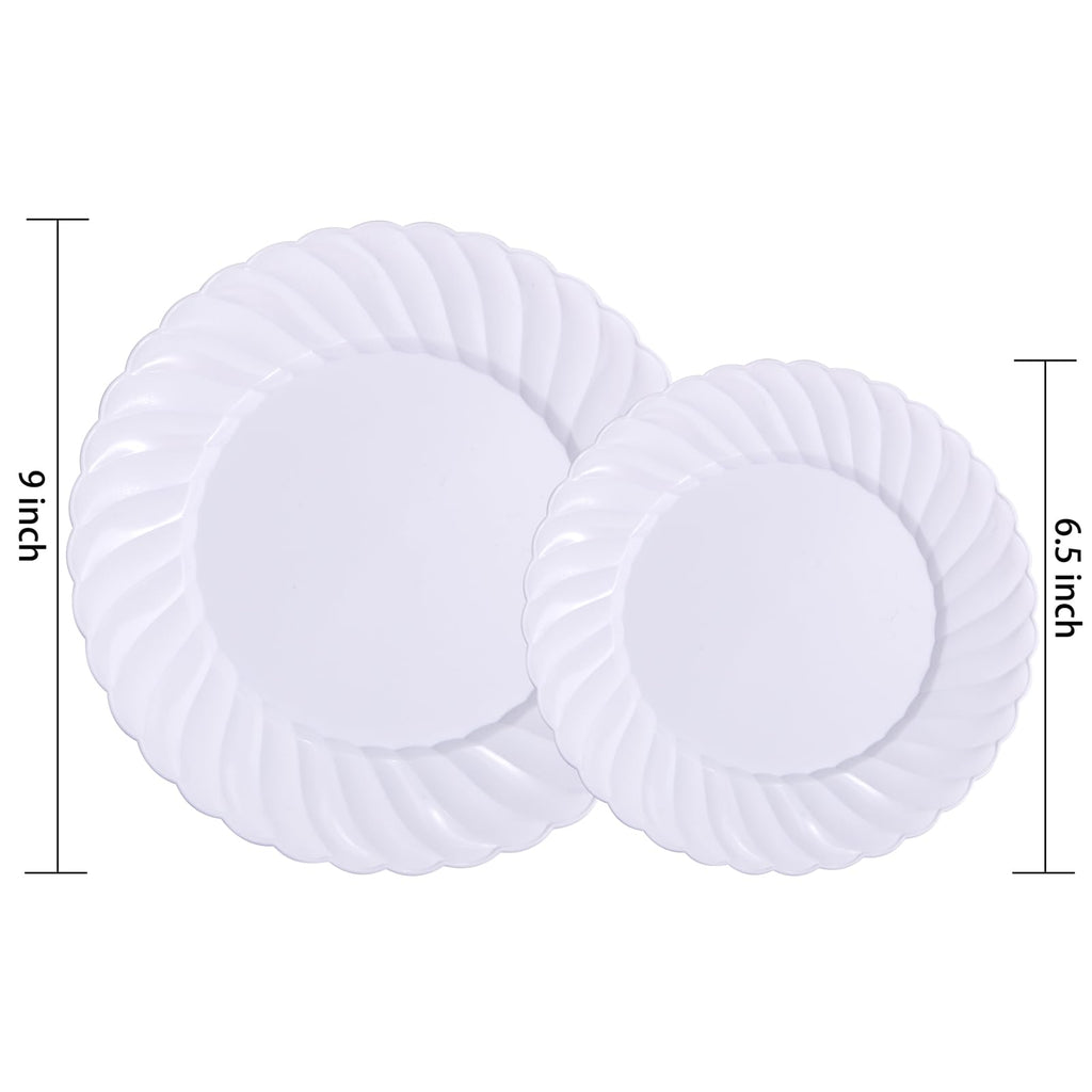 U-QE 100 Pieces White Plastic Plates - Premium Heavy Duty Plastic Plates for Wedding and Party Use Including 50PCS 9 '' Plastic Dinner Plates & 50PCS 6.5 '' Plastic Dessert Plates