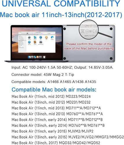 Universal Charger,Replacement for 45W T-Tip Charger,Compatible with Mac Book Air 11 inch & 13 inch Between 2012-2017
