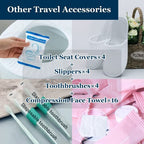 Extguds Disposable Travel Set : Bed Sheet×2+Duvet Cover×2+Pillow case×4+Bath Towels×4+Shower Caps×4+Plastic Bathtub Bag×4+Toilet Seat Covers×4+Compression face Towel×16+Toothbrushes×4+Slippers×4