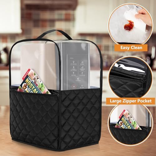 LUXJA Transparent Top Dust Cover Compatible with Ninja CREAMi NC501, NC301, NC299AMZ, Ice Cream Maker Dust Cover Fits Ninja Ice Cream Maker Machine with Accessories Pockets, Black