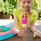 Barbie Doll & Toy Boat Playset with Pet Puppy, Life Vest & Beverage Accessories, Fits 3 Dolls & Floats in Water