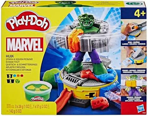 Play-Doh Marvel Hulk Smash & Squish Kids Playset with Bendy Action Figure and Accessories, Imagination Toys for Boys and Girls 4 and Up