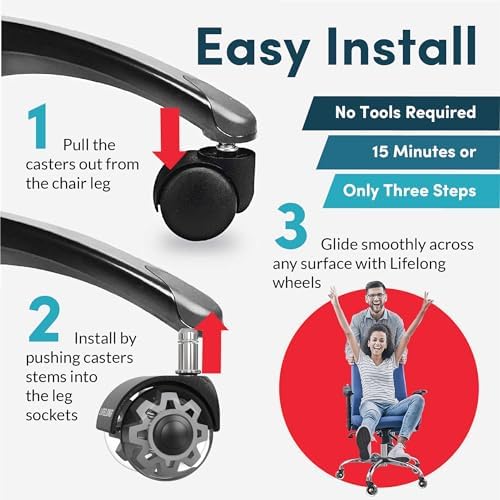 Lifelong Office Chair Wheels Replacement Rubber Chair Casters for Hardwood Floors and Carpet, Set of 5, Heavy Duty Casters for Chairs to Replace Office Chair Mats - 2 Inch Universal Fits 98%