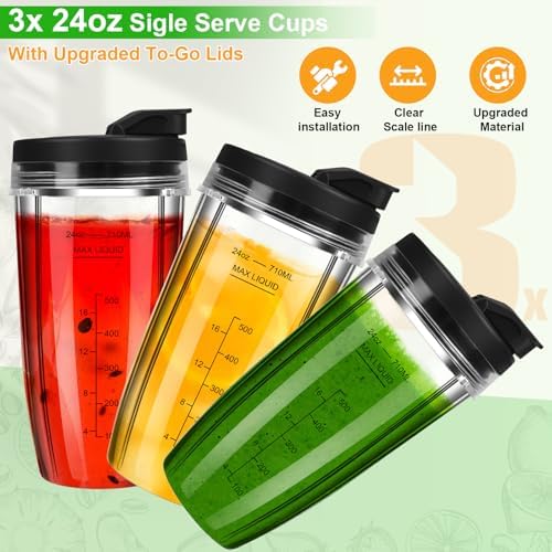 Blender Cups Replacement for Ninja, 24oz Ninja Blender Cups with To-Go Lids Compatible with Ninja BL450, BL456, BL480, BL2012, BL2013, BN401, BN751, BN801, SS101, SS151 (3 Pack)