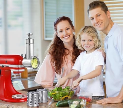 Large Stainless Steel Slicer Shredder Attachment for KitchenAid Mixers, Dishwasher Safe Salad Maker, Cheese Grater Accessories with 3 Blades & 1 Knob Thumb Screw