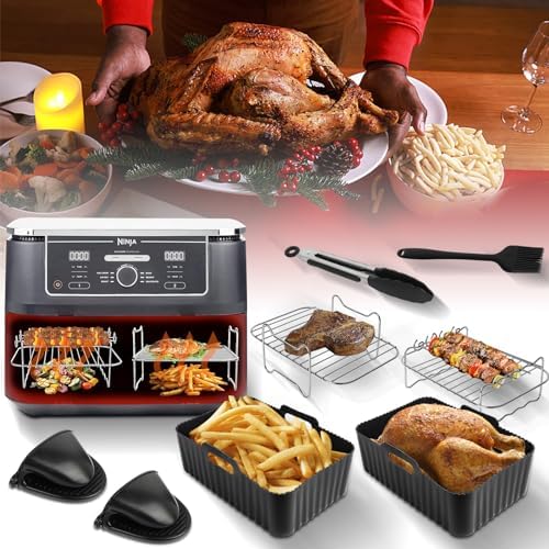 HOMELYLIFE Air Fryer Accessories, Silicone Air Fryer Liners for Ninja DZ201/ DZ401 8-10 QT Dual Air Fryer, 10 Pcs Dual Air Fryer Accessories for Ninja foodi, Cheat Sheet Magnets Cooking Guide Booklet