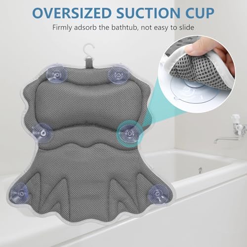 SetSail Bath Pillow, Relaxing Bath Pillows for Tub Neck and Back Support Soft 4D Breathable Air Mesh Ergonomic Bathtub Pillow with 6 Strong Suction Cups and Hook Luxury Bathroom Accessories,Grey