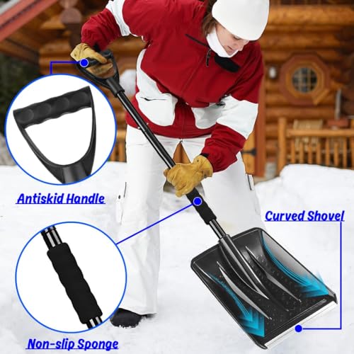 Snow Shovel, 2024 New Upgrade Large-Capacity Lightweight Aluminum Portable Snow Shovel, Parent-Child Playing Snow Shovel, Shovel for Garden, Car, Camping with Extra Ice Scrape(Black)