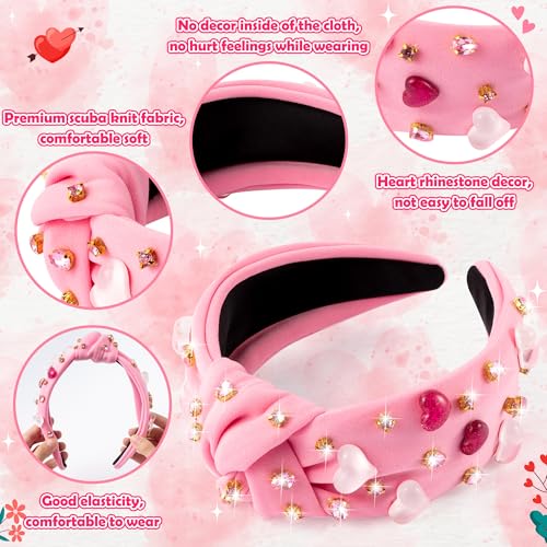 PANTIDE Valentine's Day Heart Jeweled Knotted Headband - Heart Rhinestone Crystal Embellished Headband Wide Top Knot Fashion Hairband Accessories Christmas Birthday Gift for Lover Women (Pink)