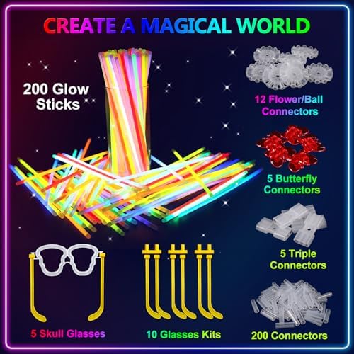 BUDI 467Pcs Glow Sticks Party Favors for Kids Adults 200 GlowStick Bulk 8 Colors 8 Inch & 267 Connectors for Glow in the dark Necklace Bracelets Glasses Party Supplies Light Up Toys Neon Accessories