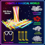 BUDI 467Pcs Glow Sticks Party Favors for Kids Adults 200 GlowStick Bulk 8 Colors 8 Inch & 267 Connectors for Glow in the dark Necklace Bracelets Glasses Party Supplies Light Up Toys Neon Accessories