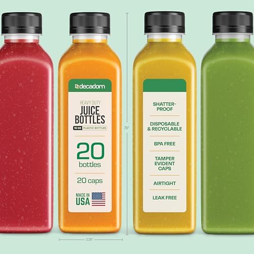 16oz 20pcs Juice Bottles With Caps - MADE IN USA Juice Containers With Lids For Fridge - Juicer Bottles With Tamper Evident Caps, Shatterproof, BPA-Free, Leak proof, Disposable & Recyclable