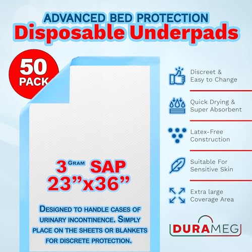 Chucks Pads Disposable Underpads 23x36 | [50 Pack] Incontinence Chux Pads Absorbent 3g SAP Fluff Protective Bed & Pee Pads for Babies, Kids, Adults & Elderly | Puppy Pads Large for Training Leak Proof