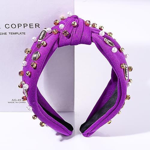 Football Headband Pearl Rhinestone Jeweled Knotted Headband Fun Sports White Hot Pink Black Blue Football Embellished Wide Top Knot Hairband Headpiece Game Day Sports Hair Accessories Gift for