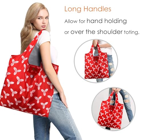 BeeGreen Christmas Reusable Shopping Bags 12 Pack with Zipper Storage Pouch Reusable Grocery Bags Bulk with Elastic Band Wholesale 50LBS X-Large Foldable Machine Washable Cloth Tote Bags for Parties