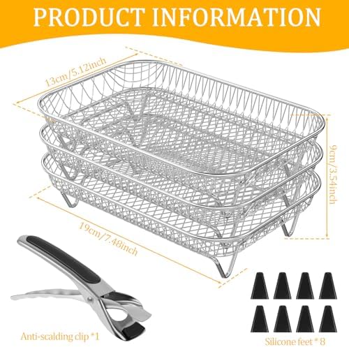 Air Fryer Rack Accessories for Ninja Basket, 3 Layers, 304 Stainless Steel Stackable Bacon Air Fryer Accessories for Ninja AF300UK, Salter/Instant/EMtronics Double Drawer, with Clip