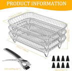 Air Fryer Rack Accessories for Ninja Basket, 3 Layers, 304 Stainless Steel Stackable Bacon Air Fryer Accessories for Ninja AF300UK, Salter/Instant/EMtronics Double Drawer, with Clip