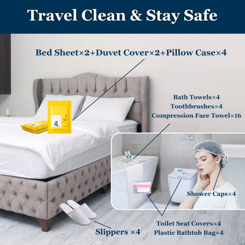 Extguds Disposable Travel Set : Bed Sheet×2+Duvet Cover×2+Pillow case×4+Bath Towels×4+Shower Caps×4+Plastic Bathtub Bag×4+Toilet Seat Covers×4+Compression face Towel×16+Toothbrushes×4+Slippers×4