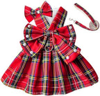 PETCARE Cute Dog Dress Clothes for Small Dogs Cats Girl Female Red Plaid Bow Tie Dog Harness Dresses Leash Set with Pearls Bow Accessories Birthday Puppy Dress Shih Tzu Yorkies Chihuahua Outfits