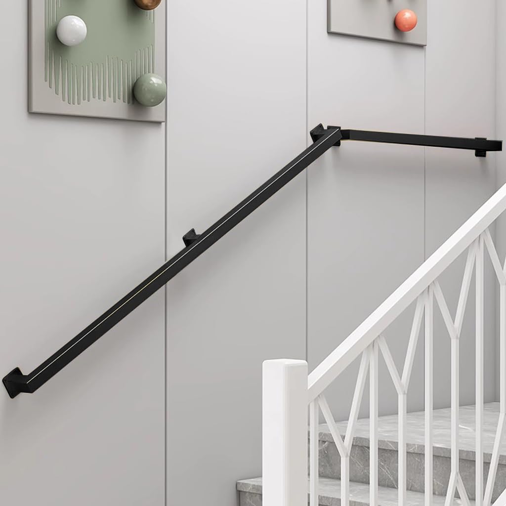 8FT Staircase Handrail for Indoor Stairs, Modern Hand Railings Grab Bar Kit with Black Finished, Non-Slip Wall Mount Decking Railings for Elderly and Children (Black, 8ft)