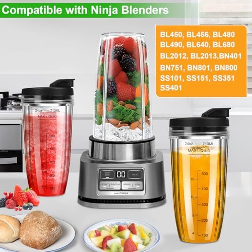 Blender Cups Replacement for Ninja, 24oz Ninja Blender Cups with To-Go Lids Compatible with Ninja BL450, BL456, BL480, BL2012, BL2013, BN401, BN751, BN801, SS101, SS151 (3 Pack)