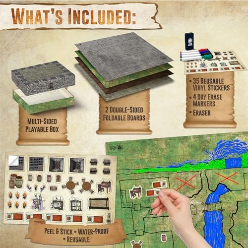 Melee Mats DND Map Starter Kit for Dungeons & Dragons Game - 22” x 26" Double Sided, Wet/Dry Erase Battle Terrain Grid - Ultimate Tabletop Board Gaming Experience with Accessories