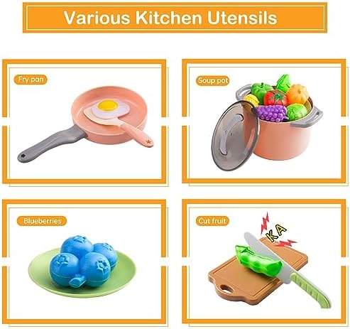 35Pcs Kids Kitchen Toy Accessories, Toddler Pretend Cooking Playset with Play Pots, Pans, Utensils, Cookware, Play Food Set, Toy Vegetables, Learning Gift for Girls, Boys (Pink)