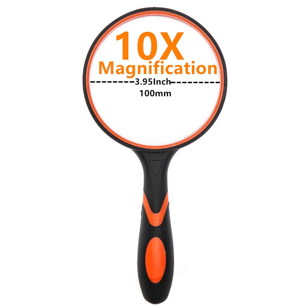 HOMEGOAL Magnifying Glass 10x Handheld Reading Magnifier with Cleaning Cloth-100MM 4INCHES Large Magnifying Lens with Non-Slip Soft Handle for Seniors Book Newspaper Reading and Kids Nature Hobby Exploration