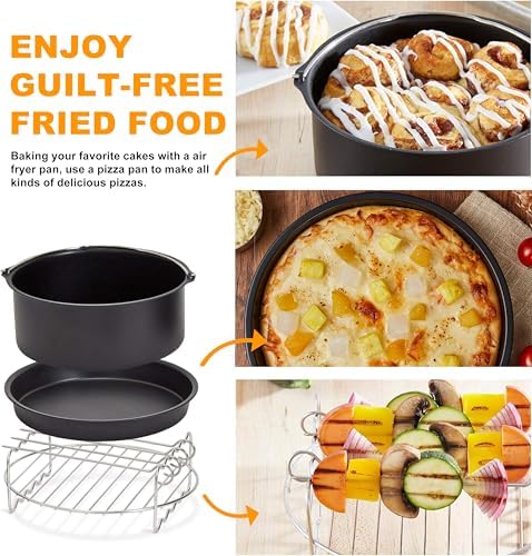 Air Fryer Accessories Set Fit for Gowise Gourmia Cozyna Ninja,Fit All 2.3qt-3.2qt Air Fryer,Kits with Skewers Silicone Mat,Pizza Pan,Cake Barrel,Non-Stick,Dishwasher Safe,Universal,6 Inch 10pcs,Black