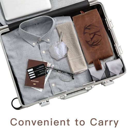 Mens Toiletry Bag Personalized Valentines Day Birthday Gifts for Men Him Initial PU Leather Waterproof Shaving Bag for Toiletries Accessories Travel Essential for Dad Husband Boyfriend (M)
