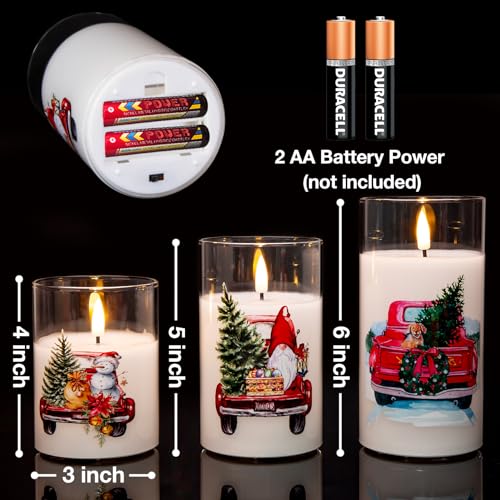 Eywamage Red Truck Glass Christmas Flameless Candles with Remote, Flickering Battery Operated LED Pillar Candles Set of 3
