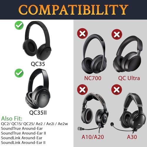 SoloWIT Replacement Earpads Cushions for Bose QuietComfort 35 (QC35) & Quiet Comfort 35 II (QC35 ii) Headphones, Ear Pads with Softer Leather, Noise Isolation Foam, Added Thickness (Black)