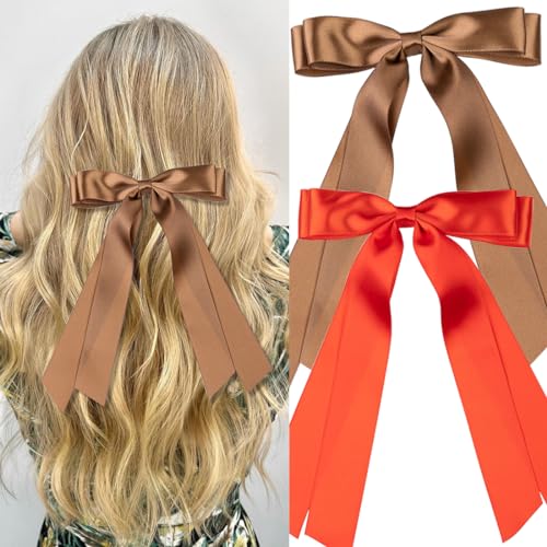 Large Double Hair Bows 2 PCS Satin Ribbon Bow for Women,Hair Bows for Women,Hair Ribbons,Oversized Long-tail Cute Aesthetic Hair Accessories,Large Hair Barrettes for Women（ Black,White）