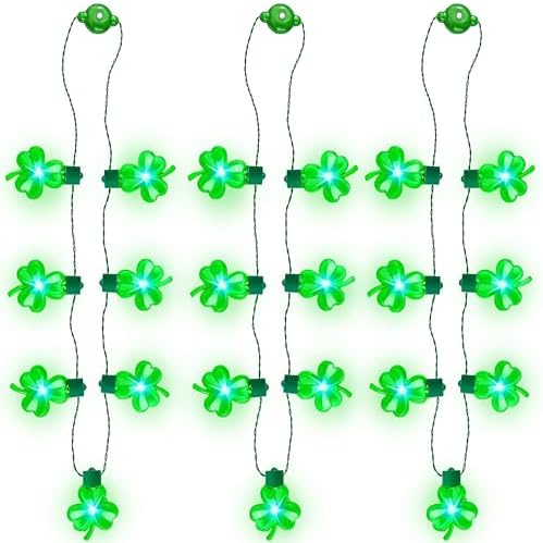 JOYIN 3 PCS St Patrick's Day Light Up Necklaces,Green Shamrock Bulb Necklace for Costume Dressing-up Accessories Saint Patricks Decorations Party Favor Supplies
