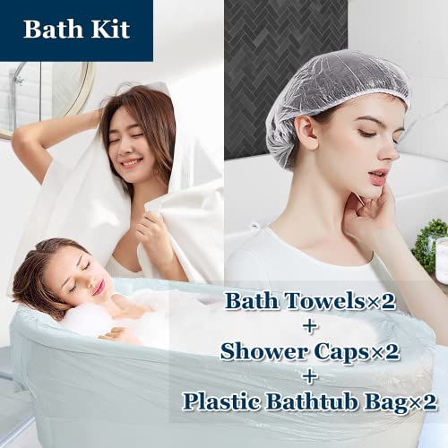 Extguds Disposable Travel Set : Bed Sheet×1+Duvet Cover×1+Pillow case×2+Bath Towels×2+Shower Caps×2+Plastic Bathtub Bag×2+Toilet Seat Covers×2+Compression face Towel×8+Toothbrushes×2+Slippers×2