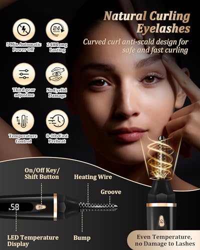 Heated Eyelash Curlers - Eye Lash Curler Heat with Eyelash Comb - Electric Eyelash Curler - Rizador De Pestañasey LED Display 3 Temp Settings USB Charge Natural Curling 24H for Women Makeup Tool Gifts